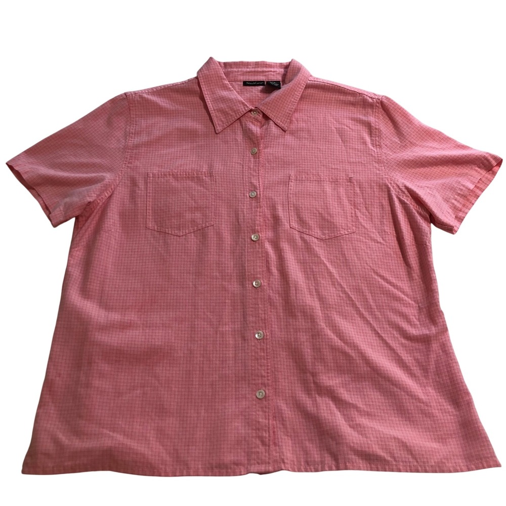 NorthCrest Womens XL18 Pink Grid Short Sleeve Button Down Shirt Rayon Blend Top